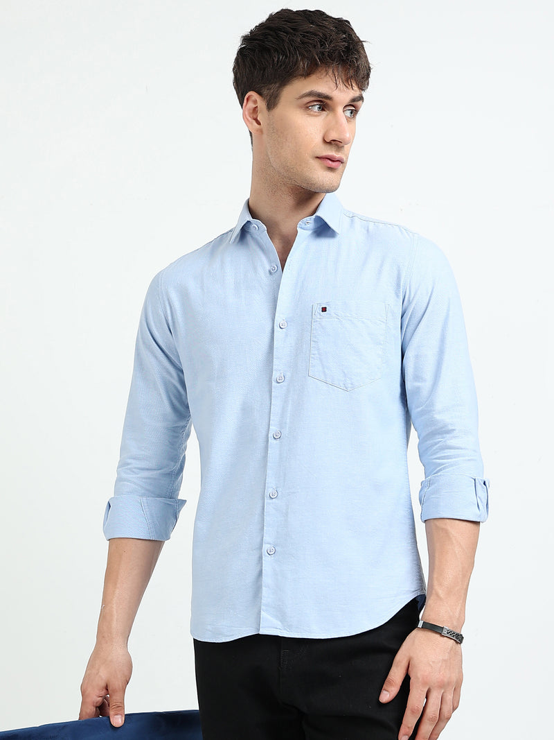 Sky Blue Solid Regular Fit Casual Shirts