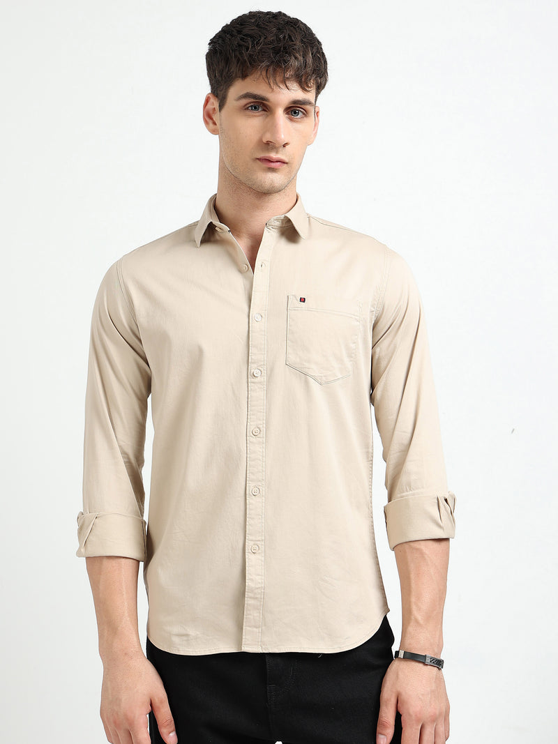 Beige Solid Slim Fit Casual Shirts