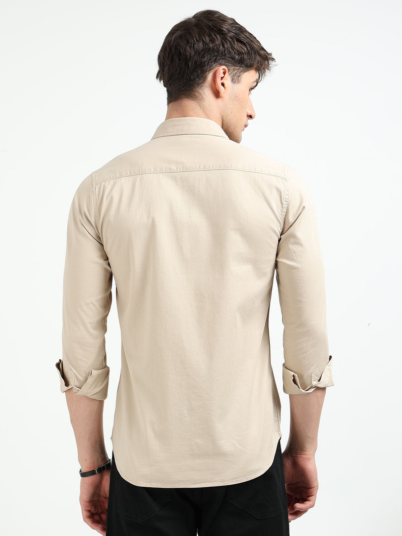 Beige Solid Slim Fit Casual Shirts