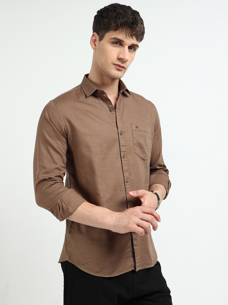 Brown Solid Slim Fit Casual Shirts