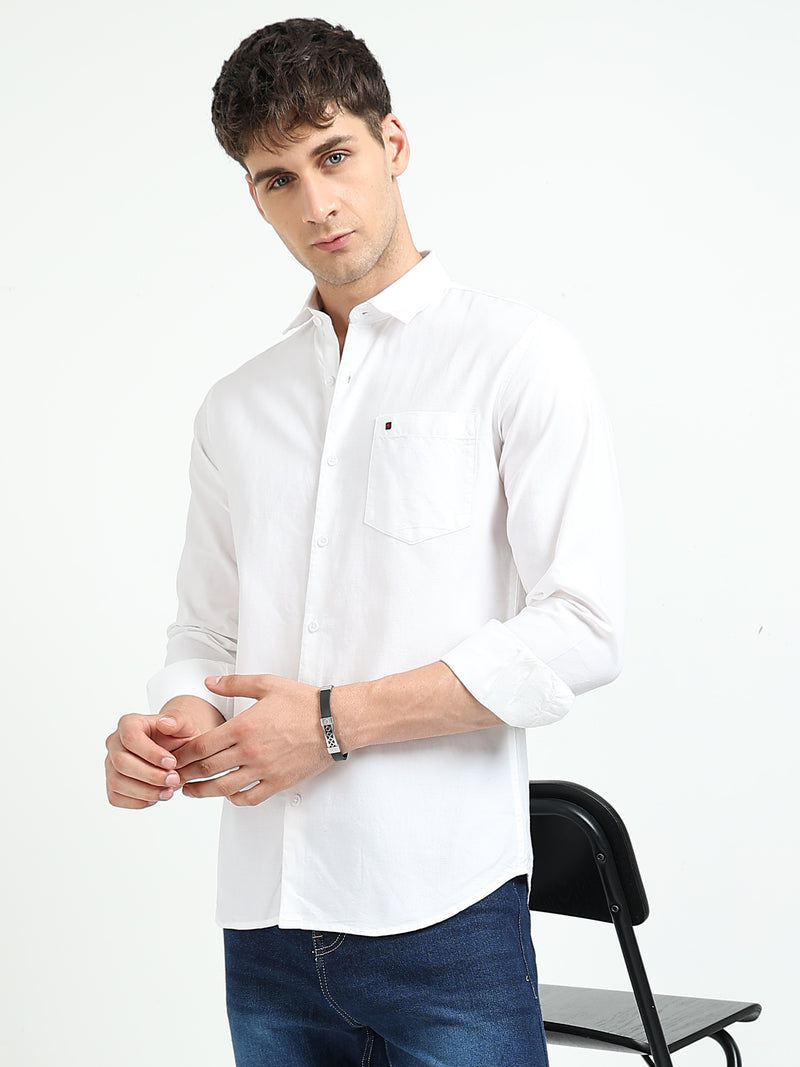 White Solid Slim Fit Casual Shirts