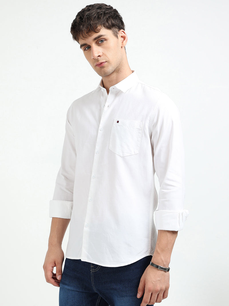 White Solid Slim Fit Casual Shirts