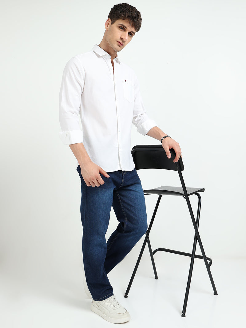 White Solid Slim Fit Casual Shirts