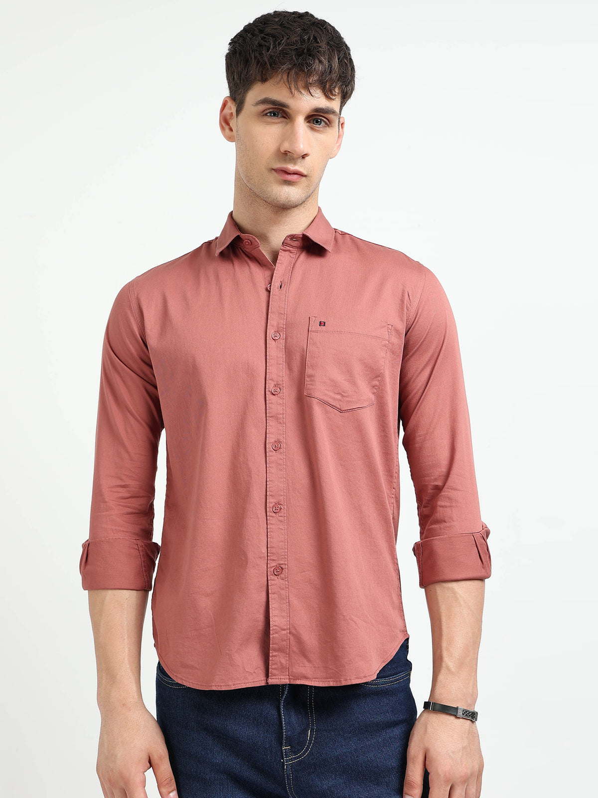 Dusty Pink Solid Slim Fit Casual Shirts