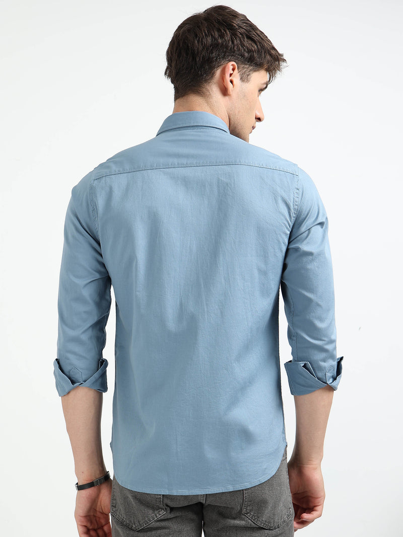 Blue Solid Slim Fit Casual Shirts