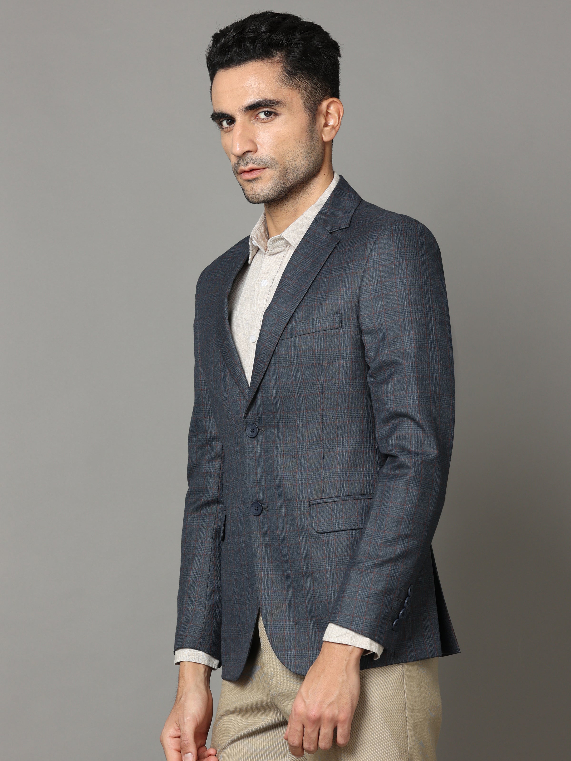 Shop Fuscous Grey Checks Blazer Online.