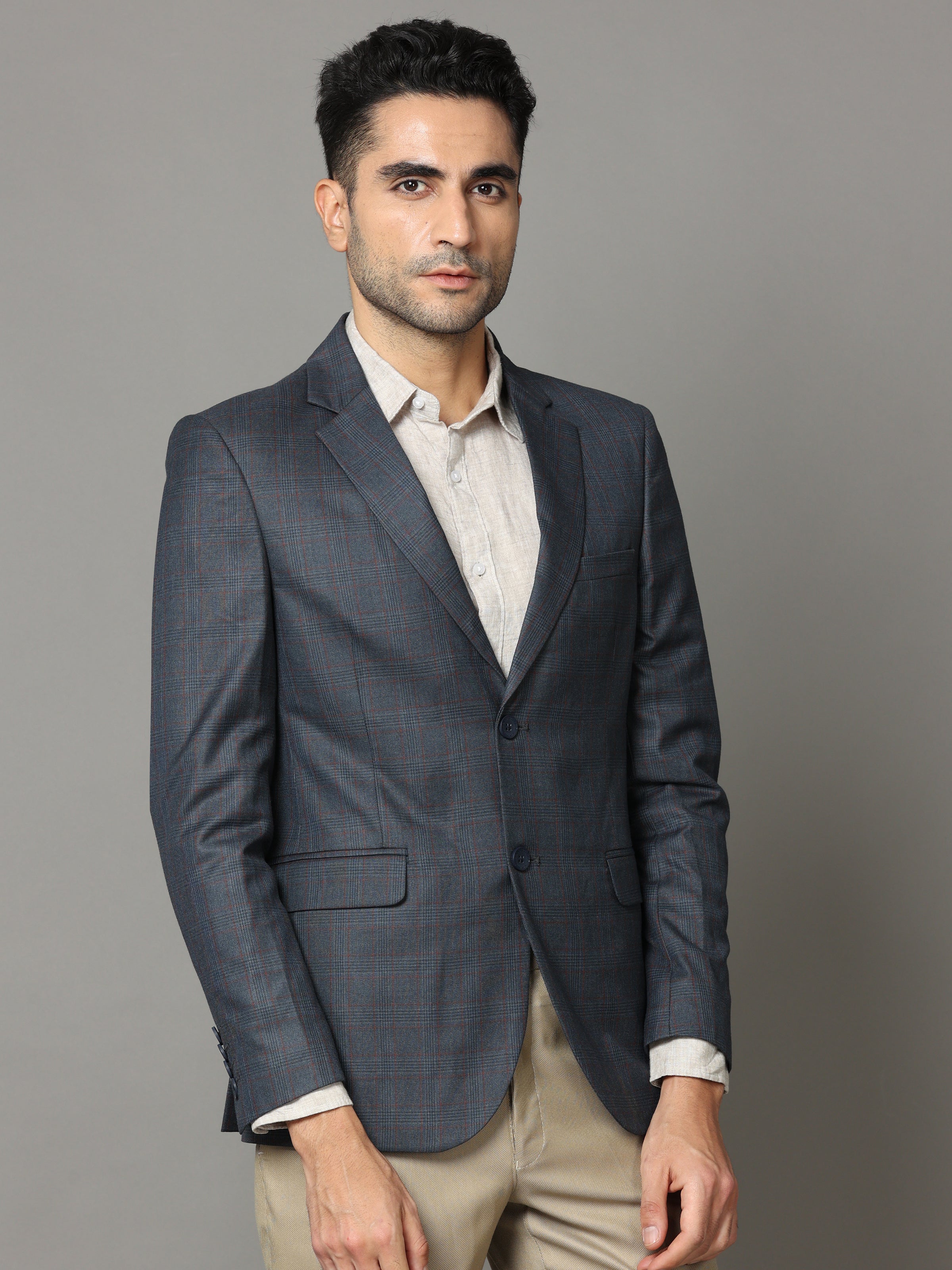 Shop Fuscous Grey Checks Blazer Online.