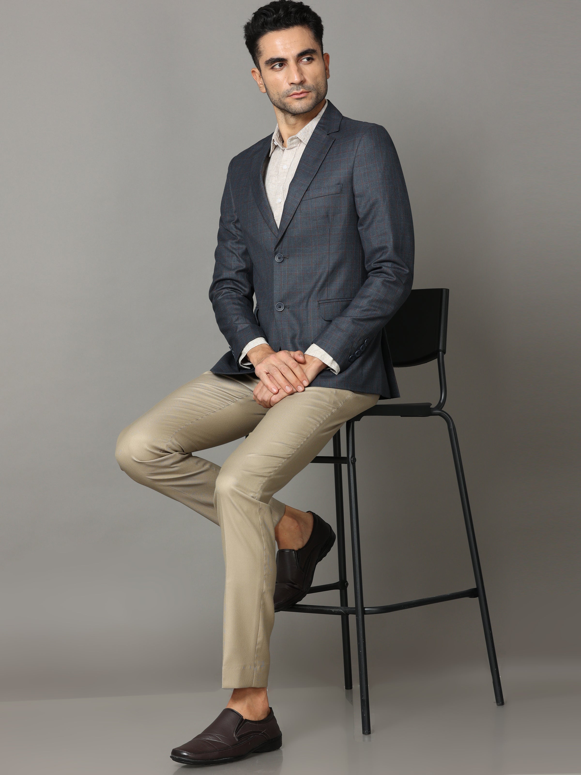 Shop Fuscous Grey Checks Blazer Online.