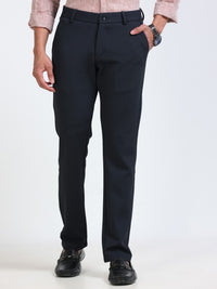 Men's Navy Narrow Fit Solid 4-Way Lycra Trousers with Textured finish