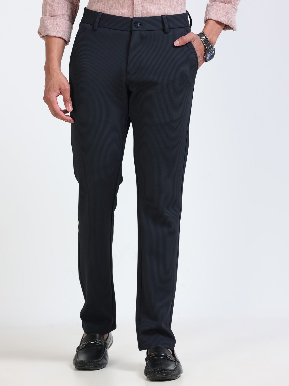 Men's Navy Narrow Fit Solid 4-Way Lycra Trousers with Textured finish