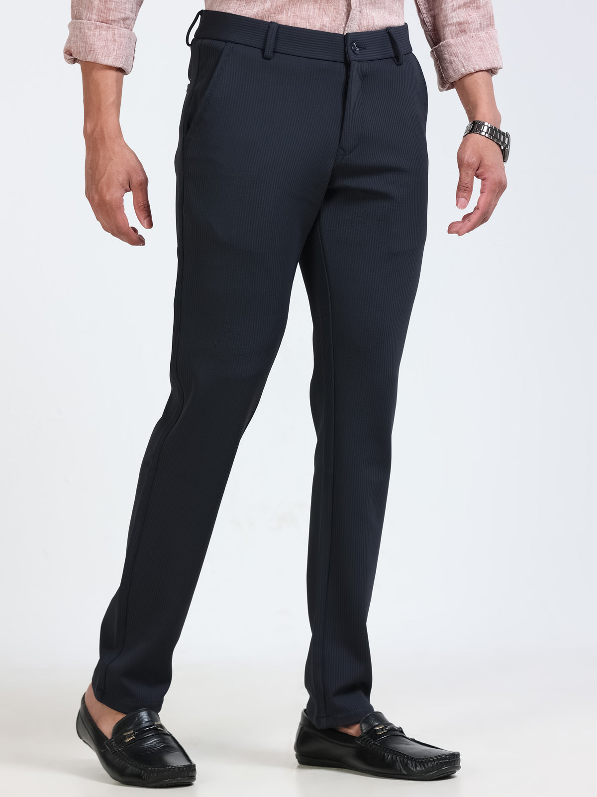 Men's Navy Narrow Fit Solid 4-Way Lycra Trousers with Textured finish