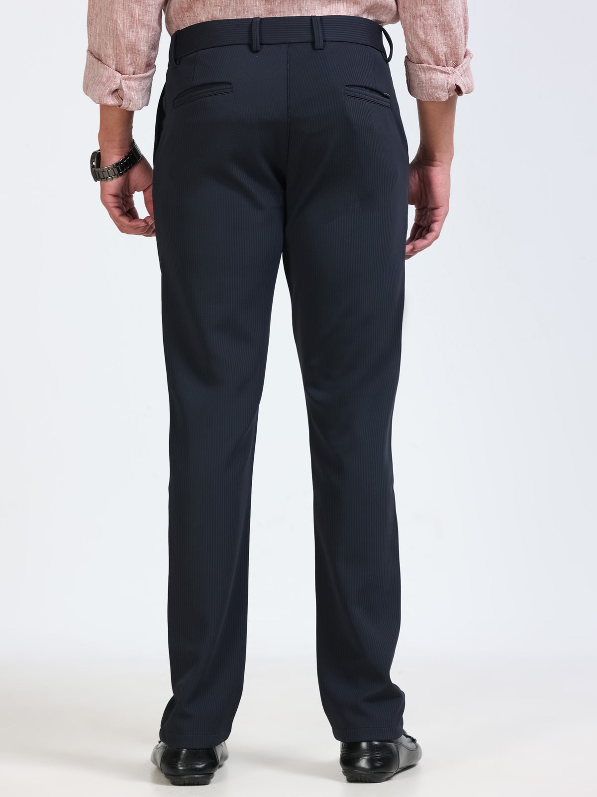 Men's Navy Narrow Fit Solid 4-Way Lycra Trousers with Textured finish