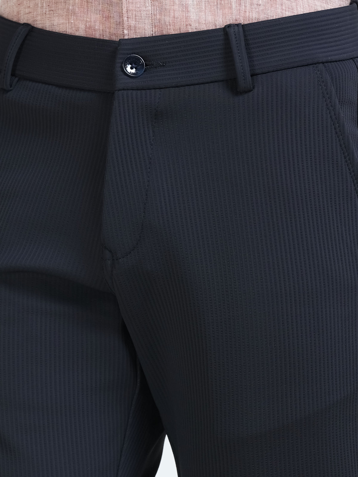 Men's Navy Narrow Fit Solid 4-Way Lycra Trousers with Textured finish