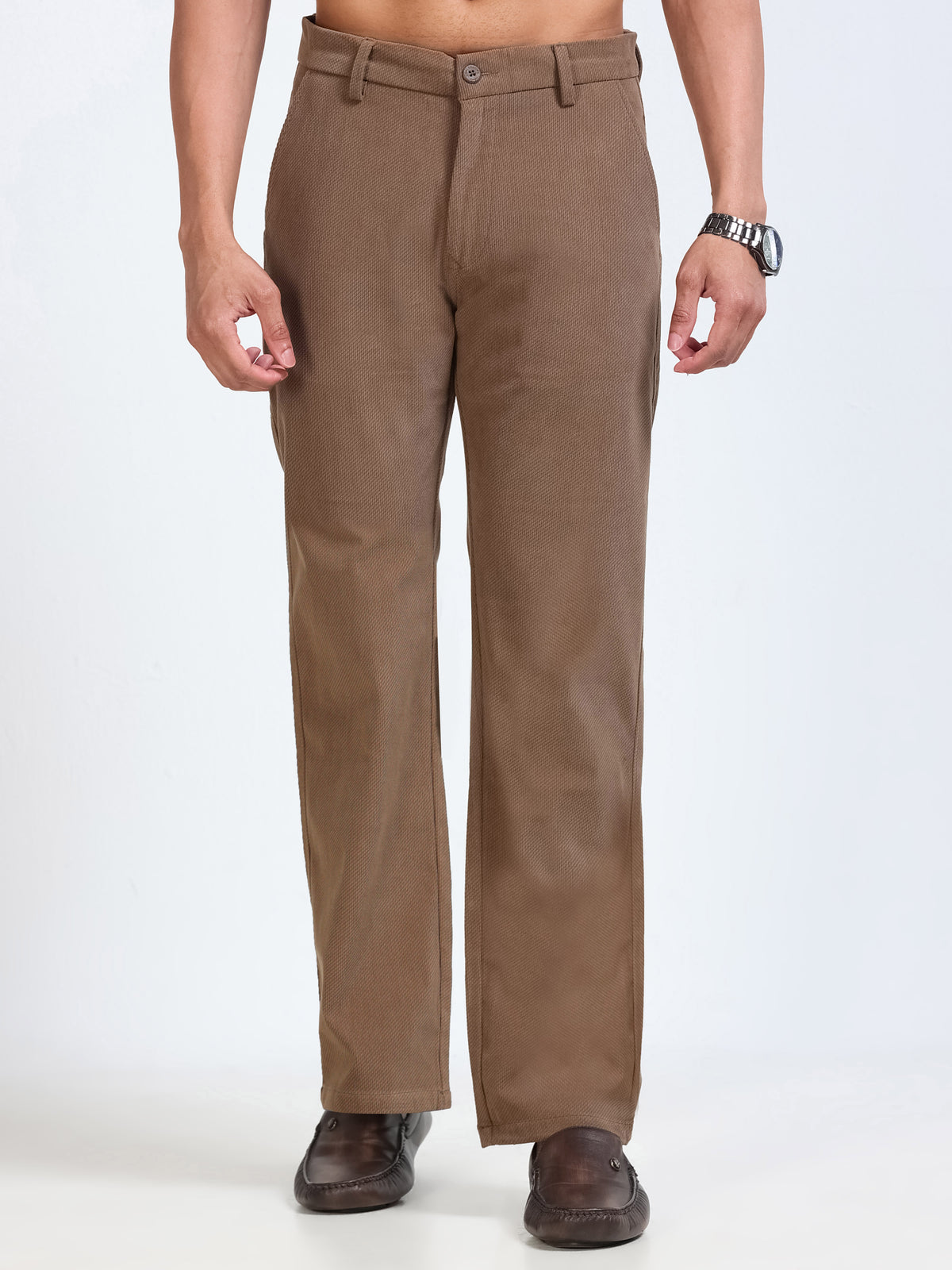 Men's Khaki Solid Drift Fit Stretch Corduroy Trouser