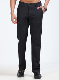 Men's Black  Narrow Fit Solid 4-Way Lycra Trousers with Textured finish