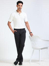 Men's Black  Narrow Fit Solid 4-Way Lycra Trousers with Textured finish
