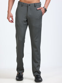 Men's Olive Narrow Fit Solid 4-Way Lycra Trousers with Textured finish