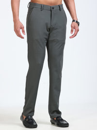 Men's Olive Narrow Fit Solid 4-Way Lycra Trousers with Textured finish