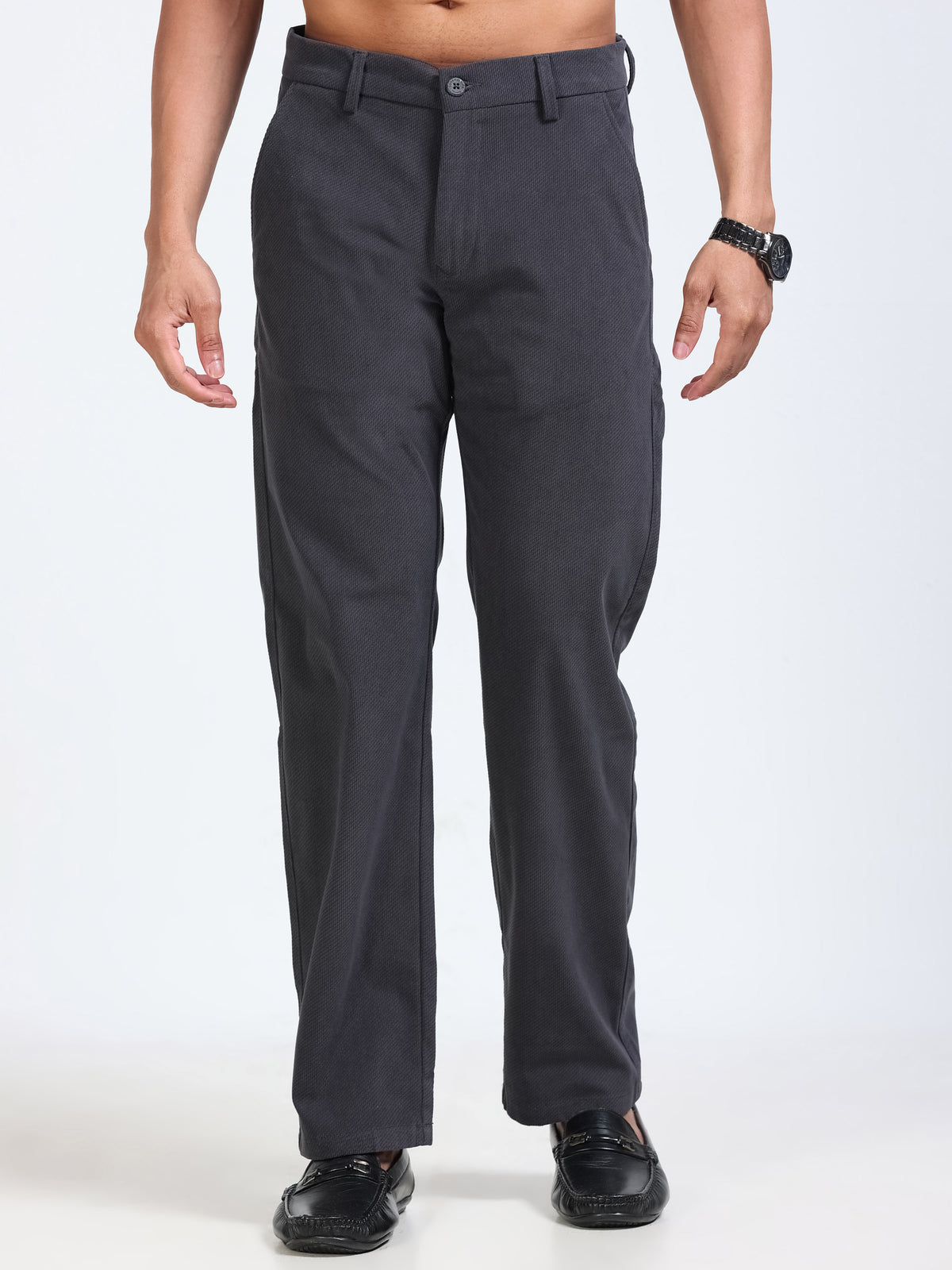 Men's Dark grey Solid Drift Fit Stretch Corduroy Trouser