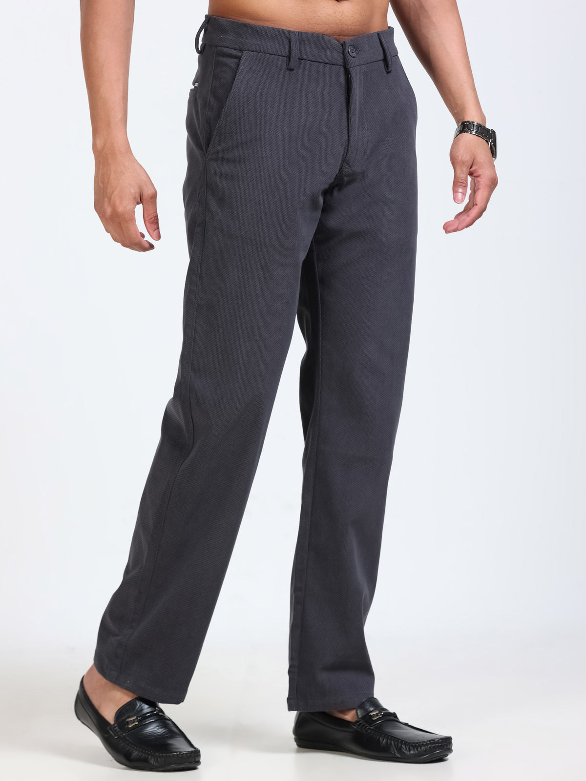 Men's Dark grey Solid Drift Fit Stretch Corduroy Trouser