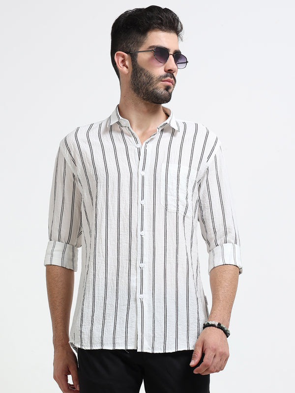 White Stripes Slim Fit Cotton Casual Shirts
