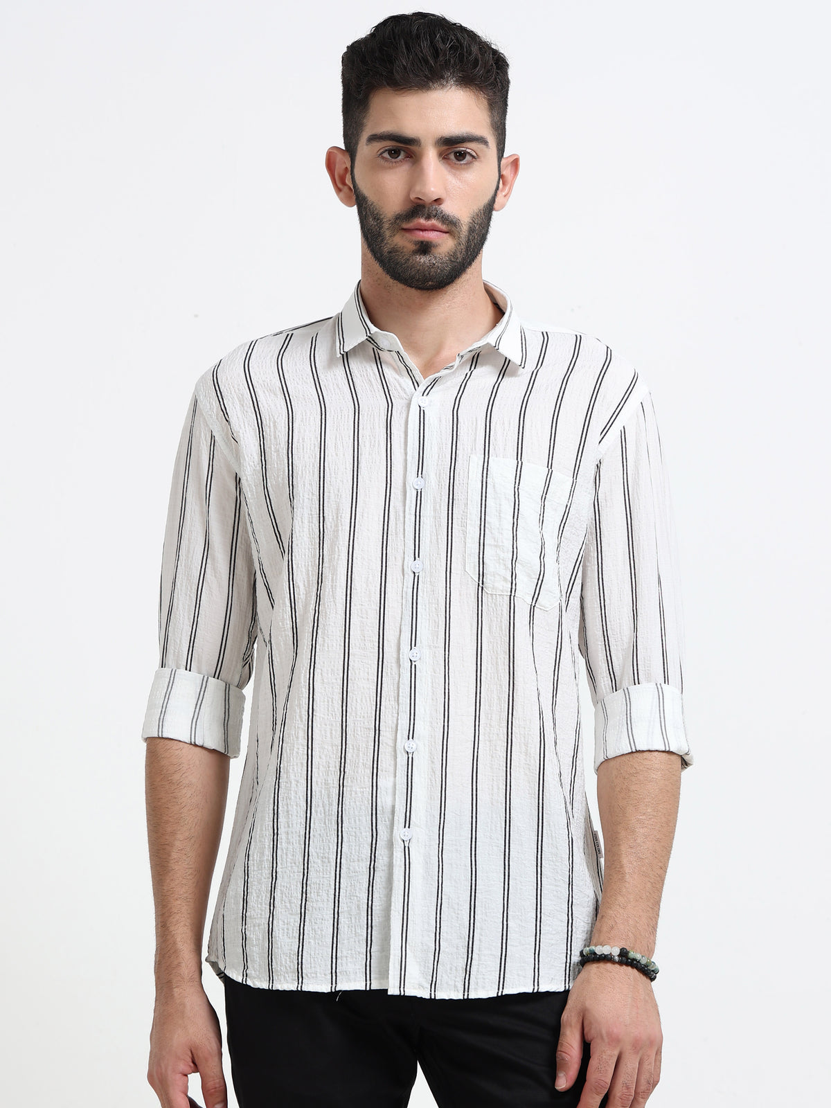 White Stripes Slim Fit Cotton Casual Shirts