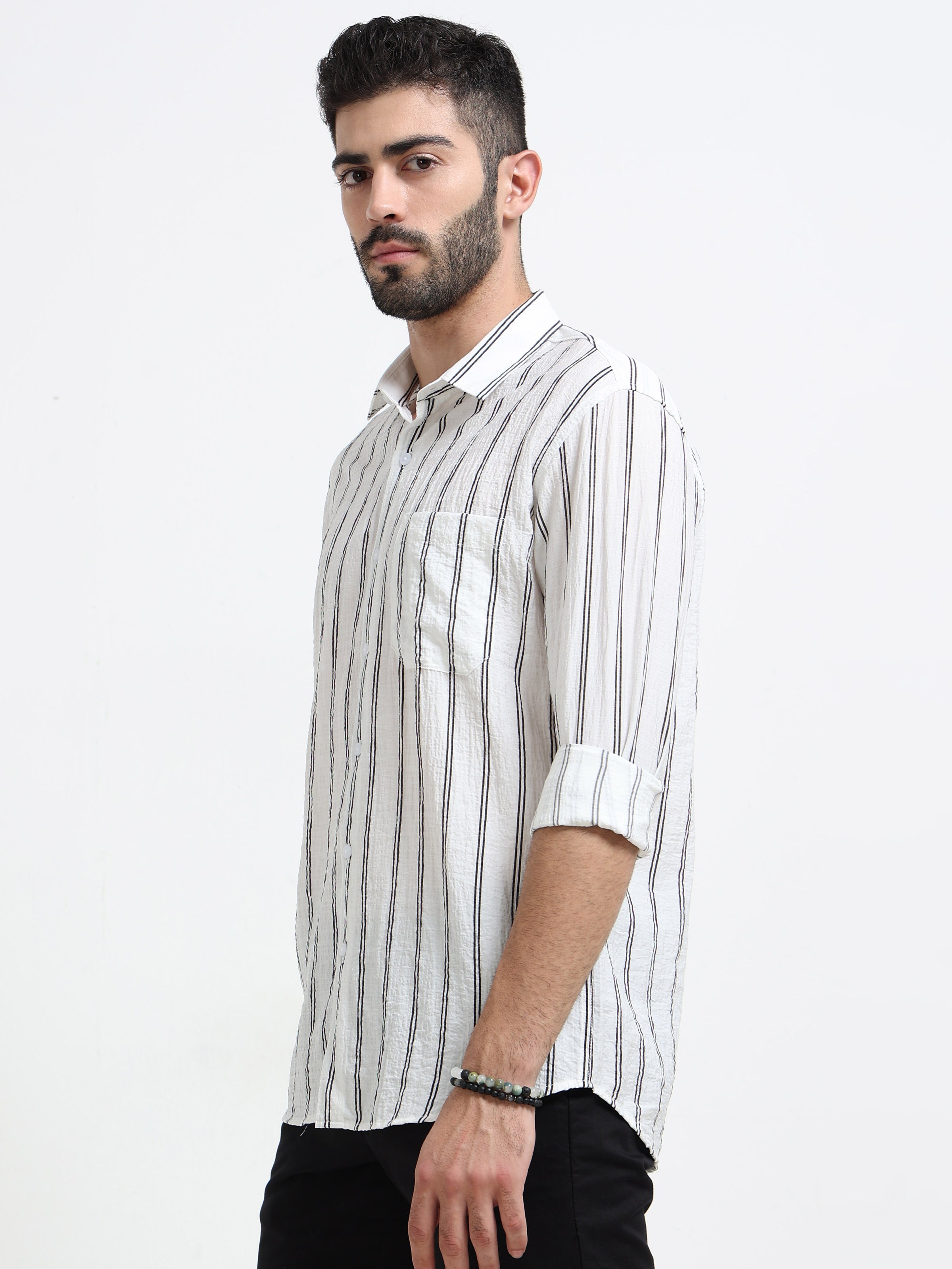 White Stripes Slim Fit Cotton Casual Shirts