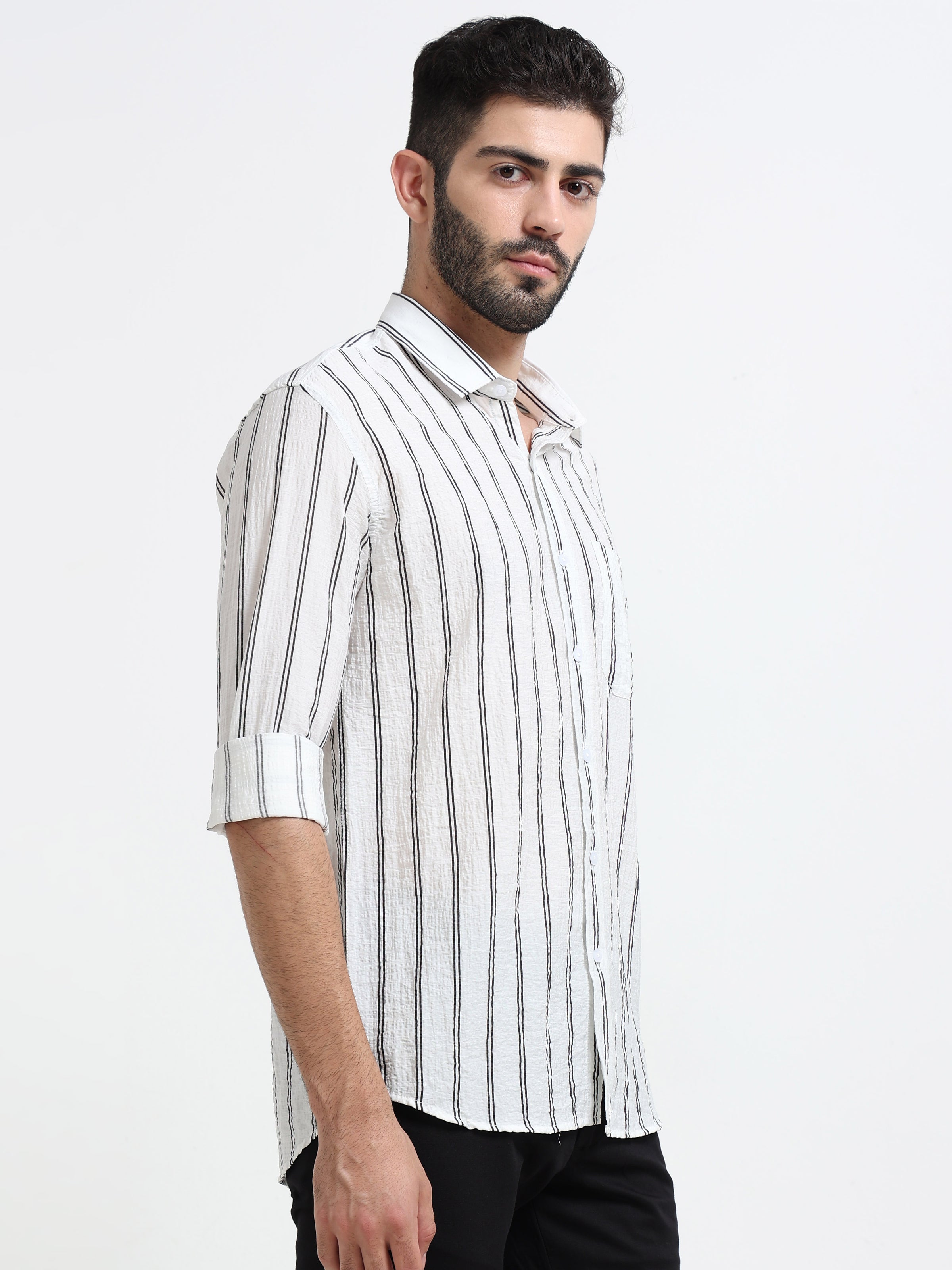 White Stripes Slim Fit Cotton Casual Shirts