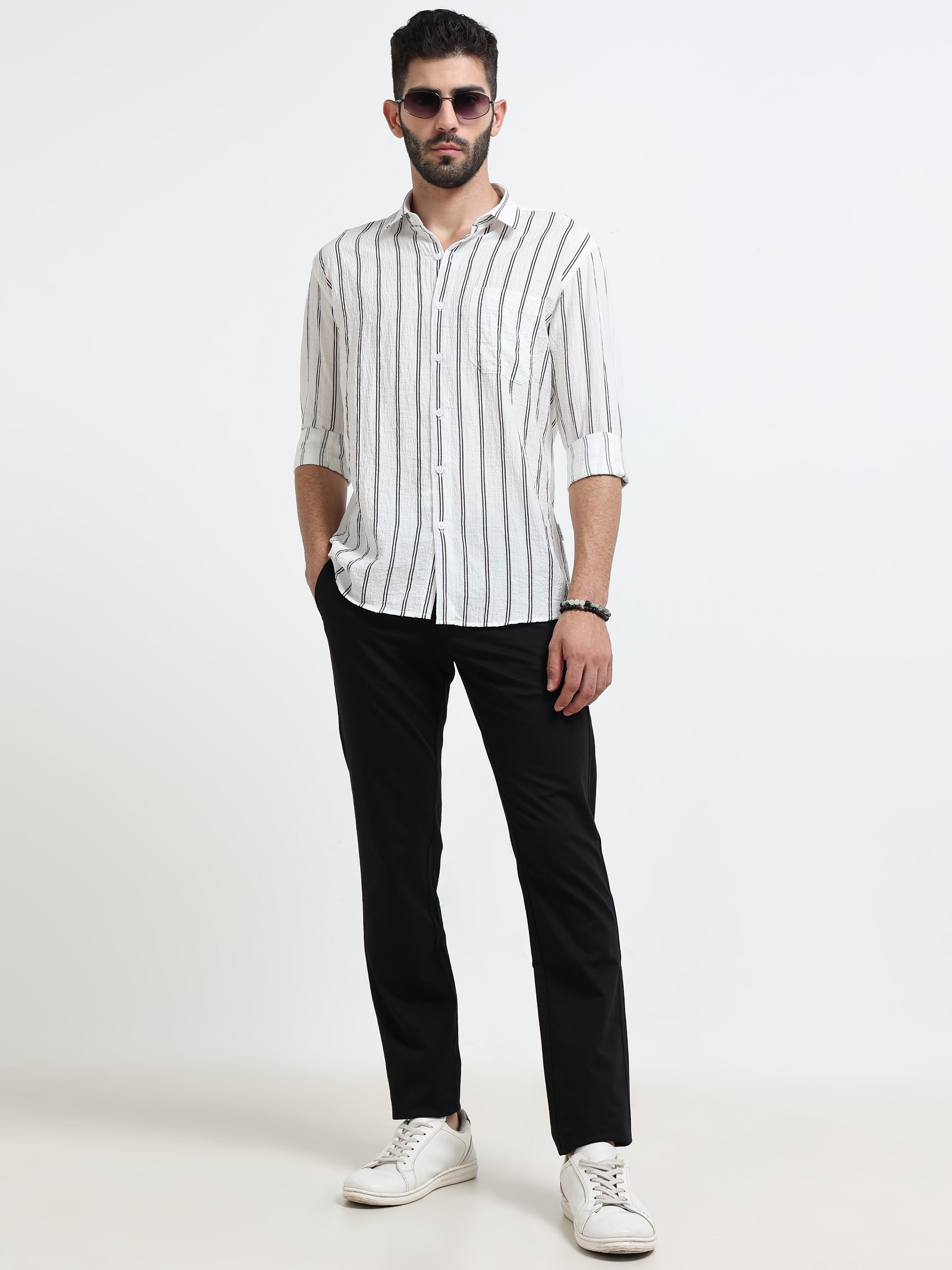 White Stripes Slim Fit Cotton Casual Shirts