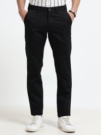 Men Black Dobby Narrow Fit Casual Trousers