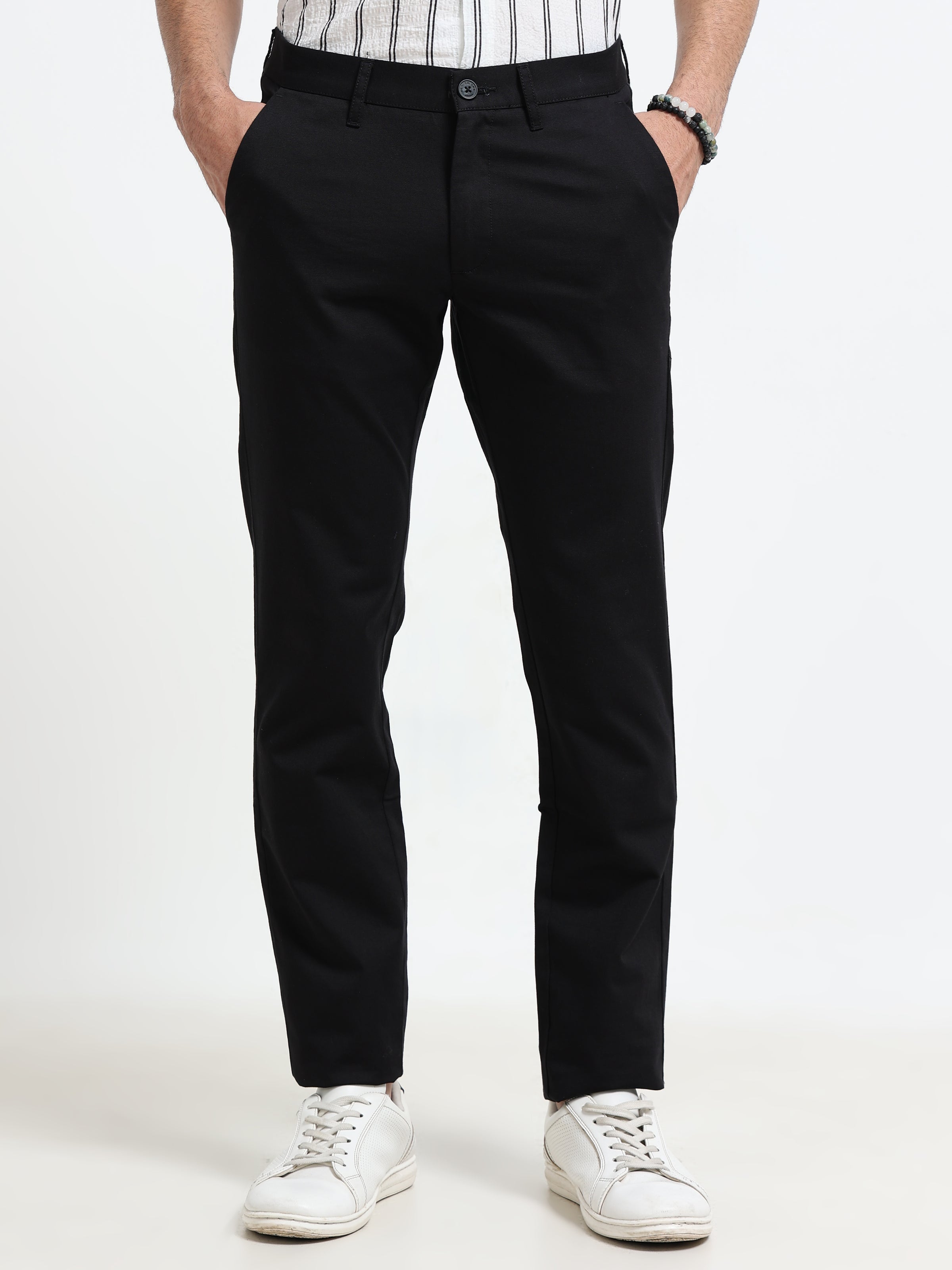 Men Black Dobby Narrow Fit Casual Trousers