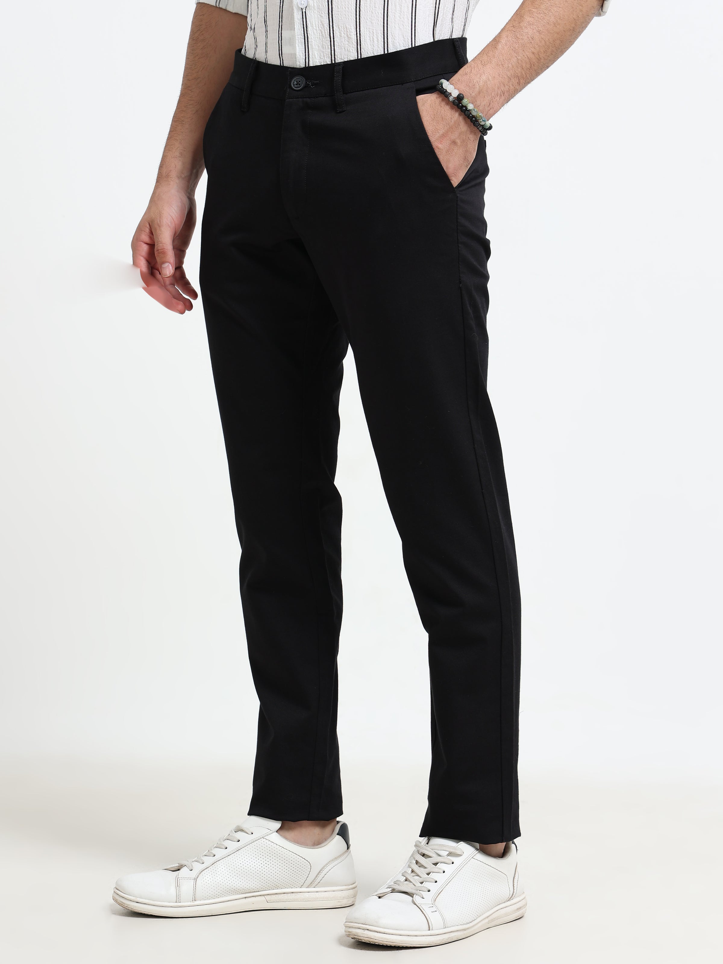 Men Black Dobby Narrow Fit Casual Trousers