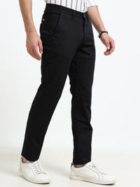 Men Black Dobby Narrow Fit Casual Trousers