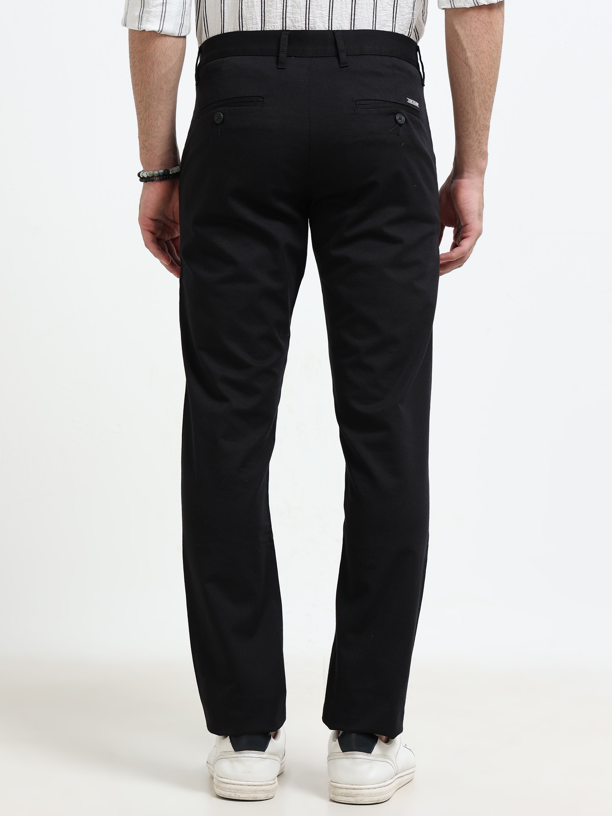 Men Black Dobby Narrow Fit Casual Trousers