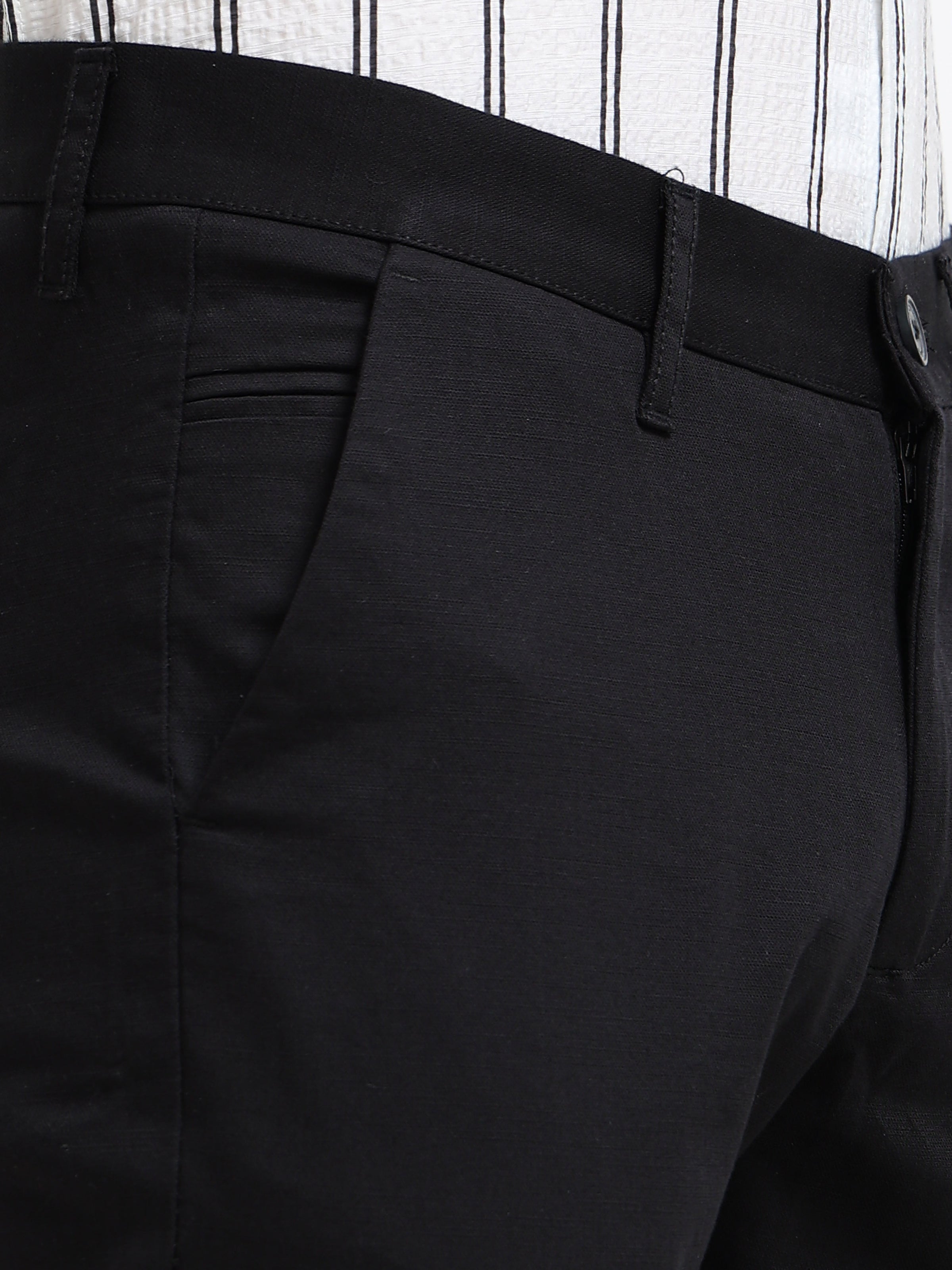 Men Black Dobby Narrow Fit Casual Trousers