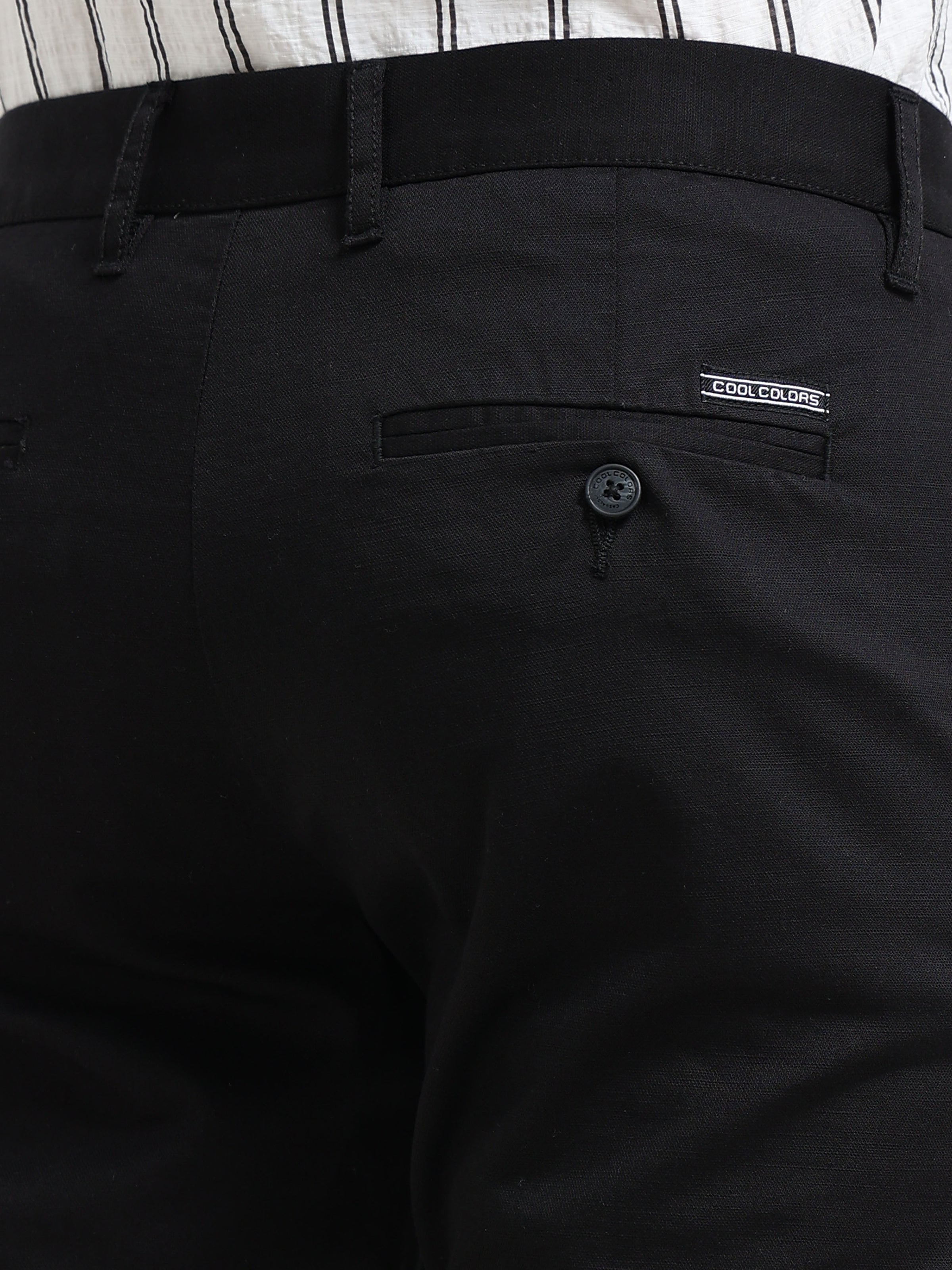Men Black Dobby Narrow Fit Casual Trousers
