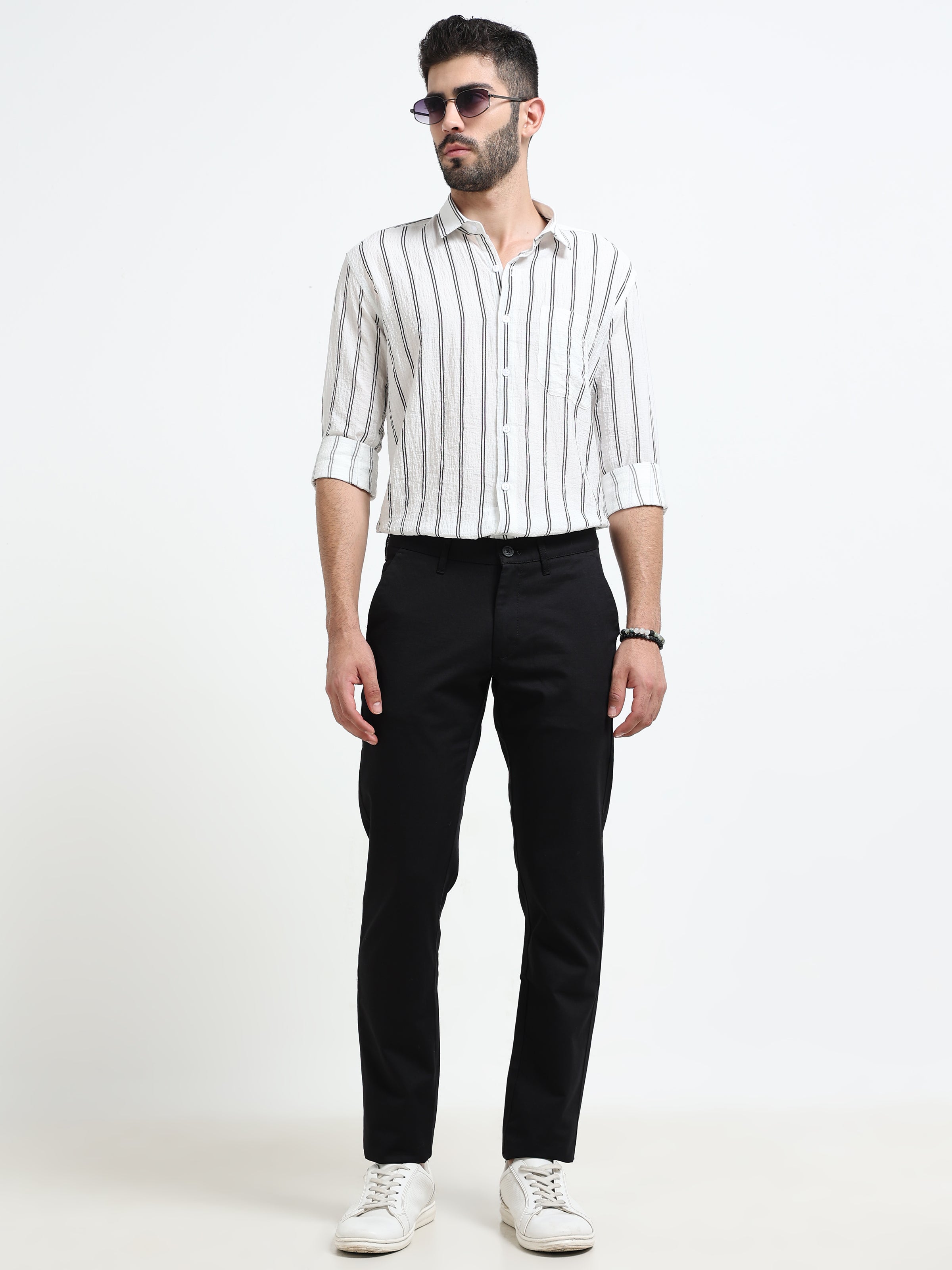 Men Black Dobby Narrow Fit Casual Trousers
