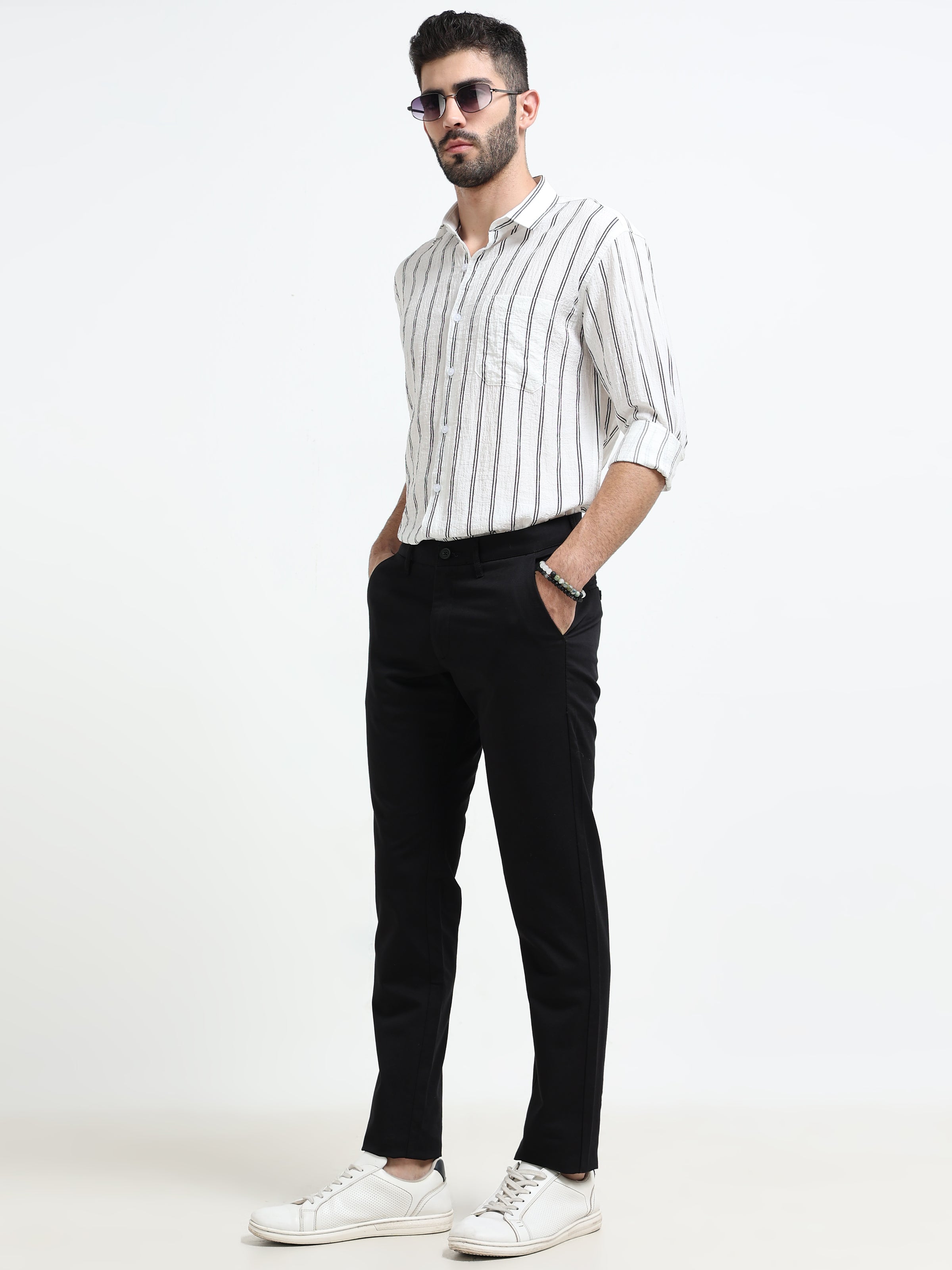 Men Black Dobby Narrow Fit Casual Trousers