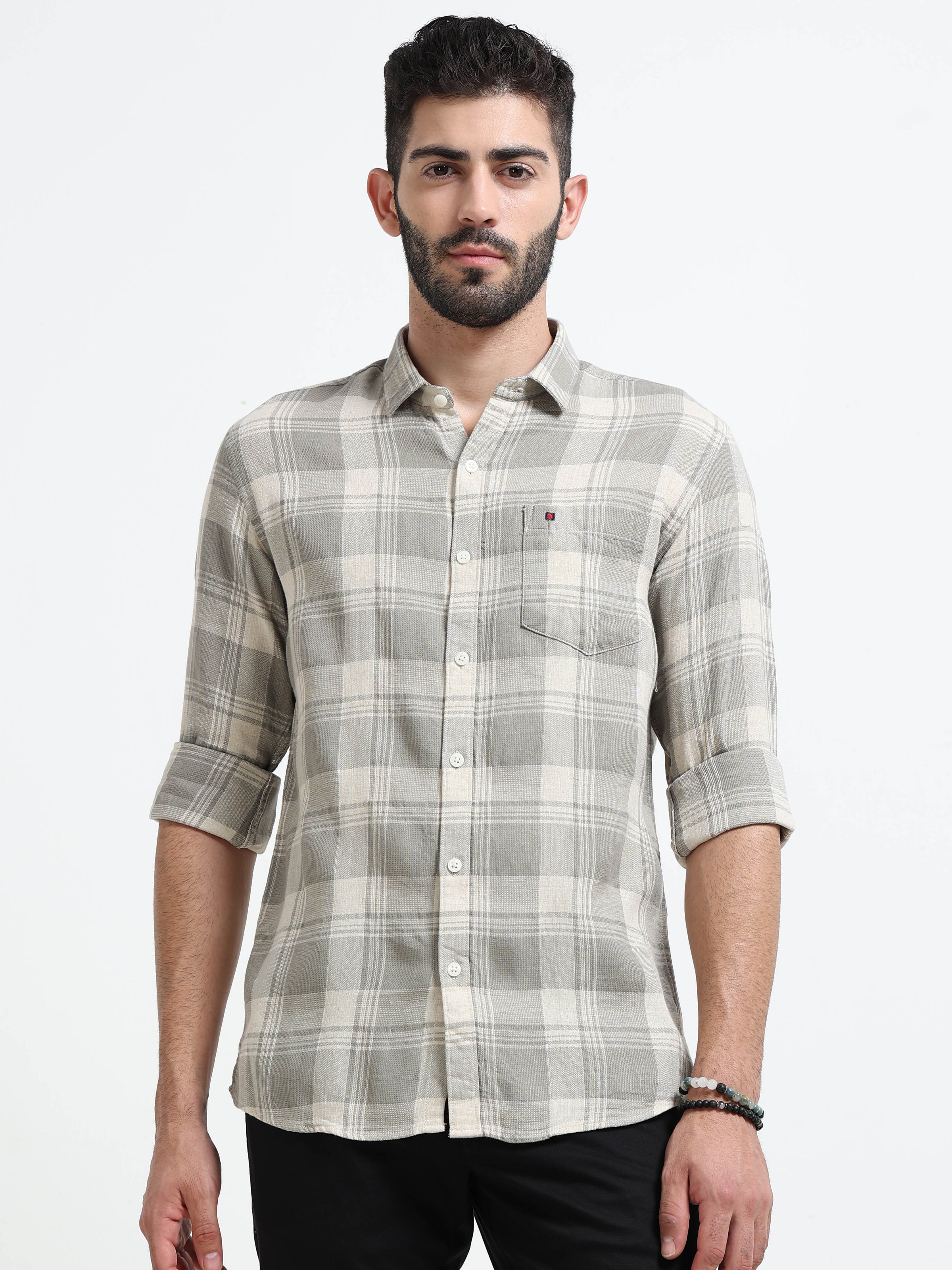 Light Green Checks Slim Fit Bamboo Linen Casual Shirts