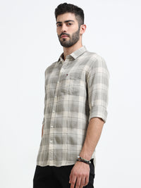 Light Green Checks Slim Fit Bamboo Linen Casual Shirts