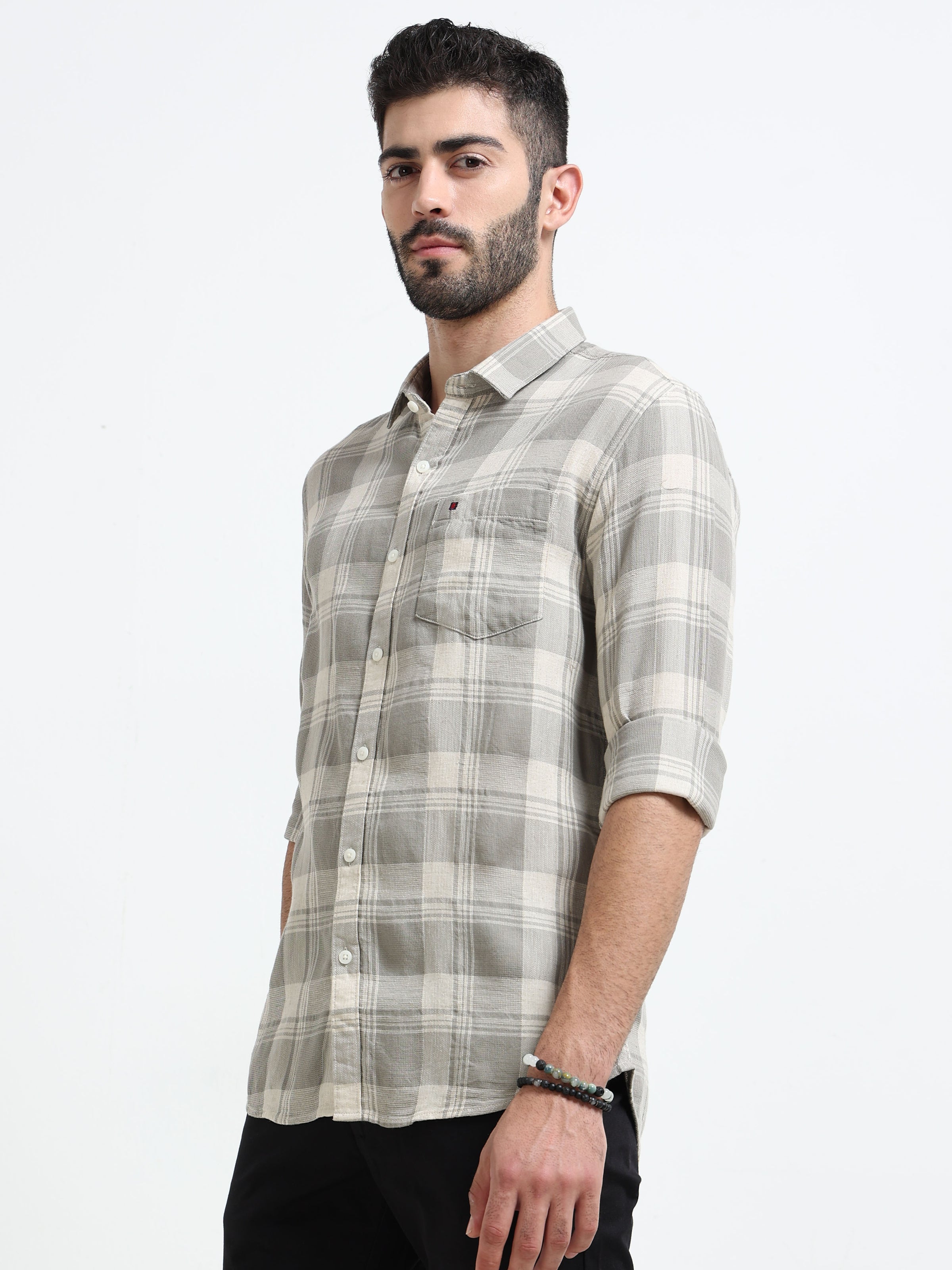 Light Green Checks Slim Fit Bamboo Linen Casual Shirts