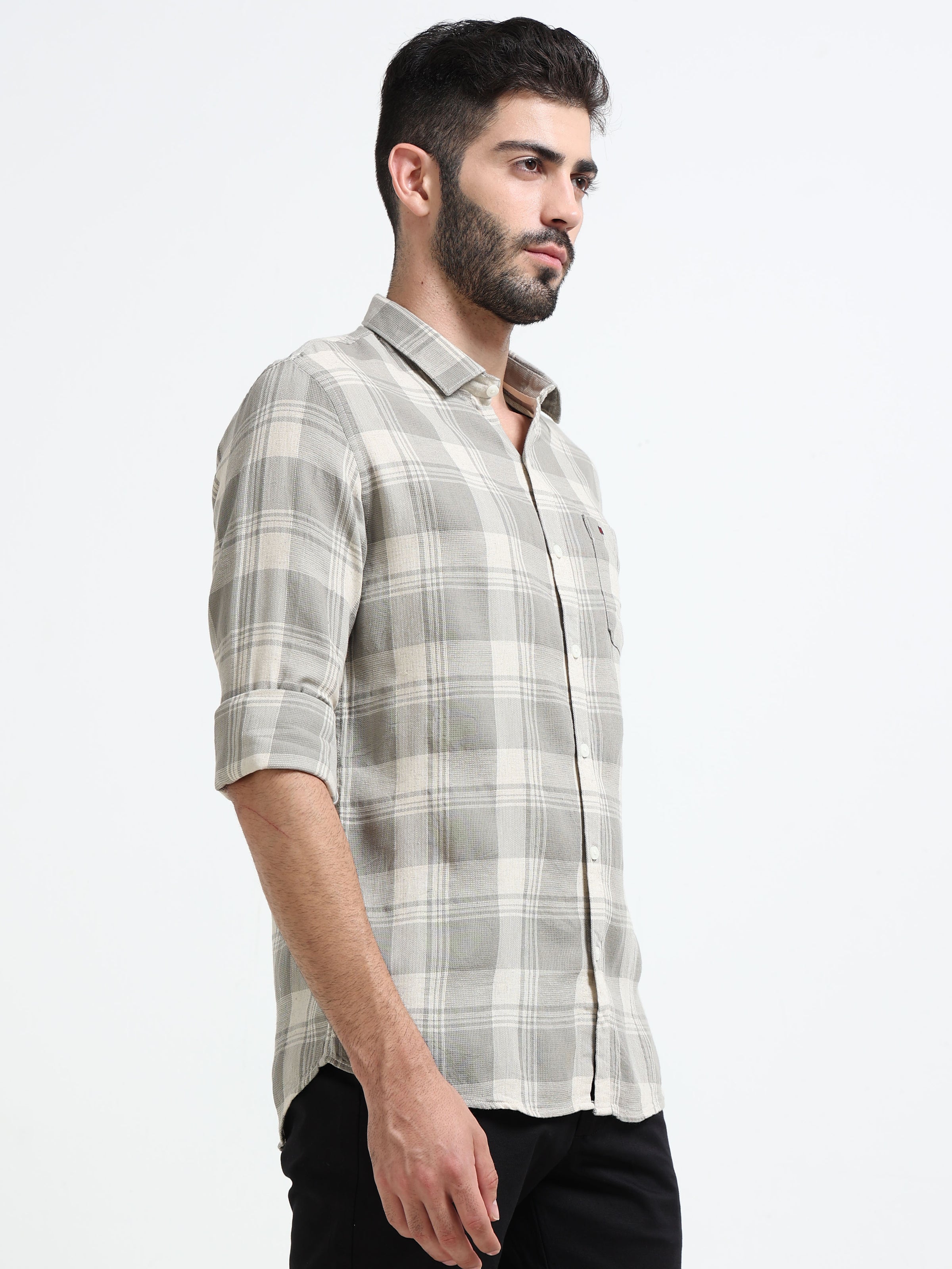 Light Green Checks Slim Fit Bamboo Linen Casual Shirts