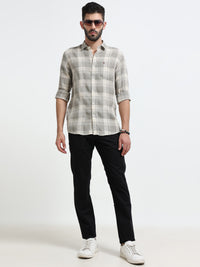 Light Green Checks Slim Fit Bamboo Linen Casual Shirts