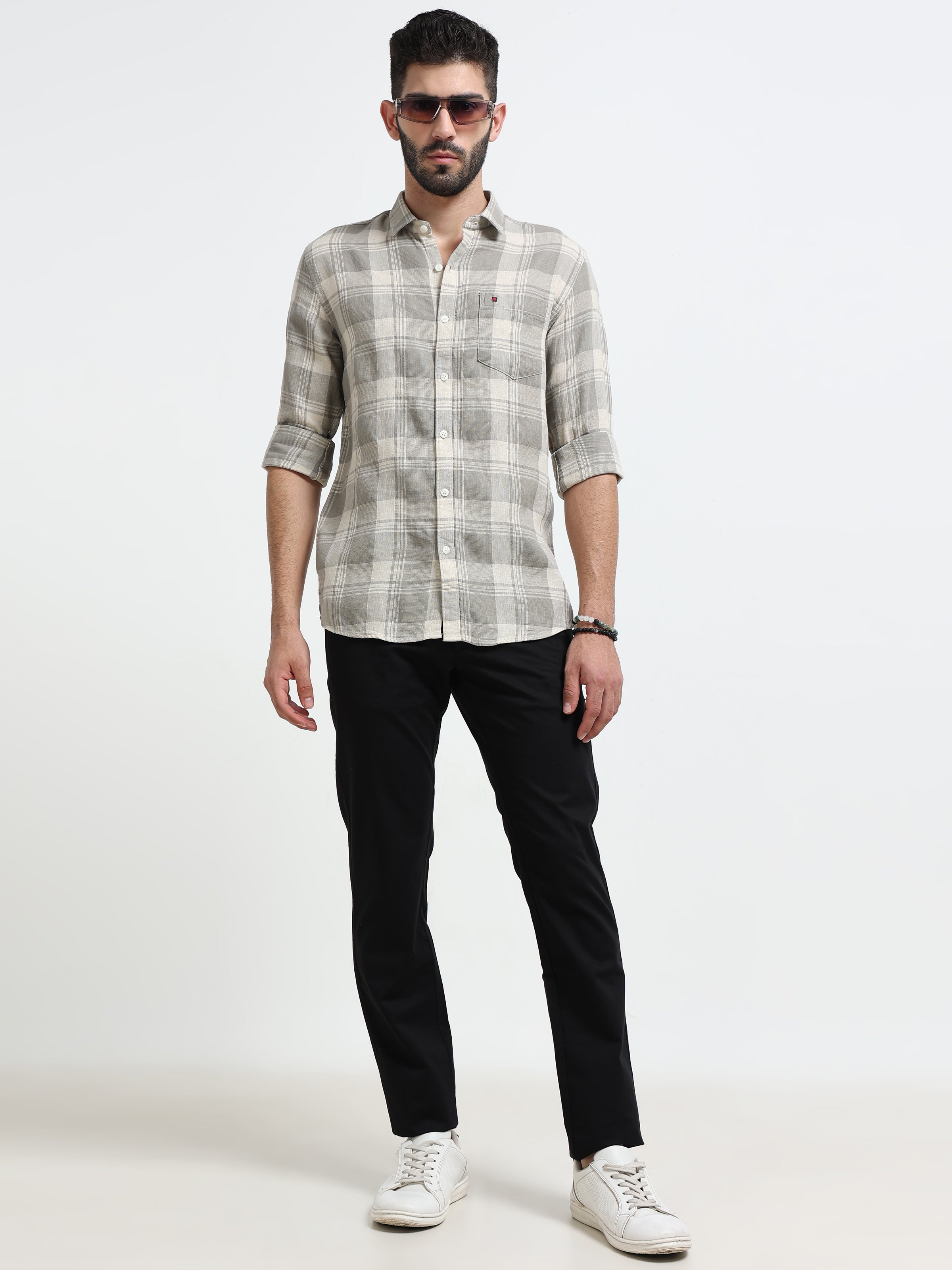 Light Green Checks Slim Fit Bamboo Linen Casual Shirts