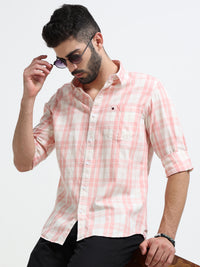 Peach Checks Slim Fit Cotton Casual Shirts