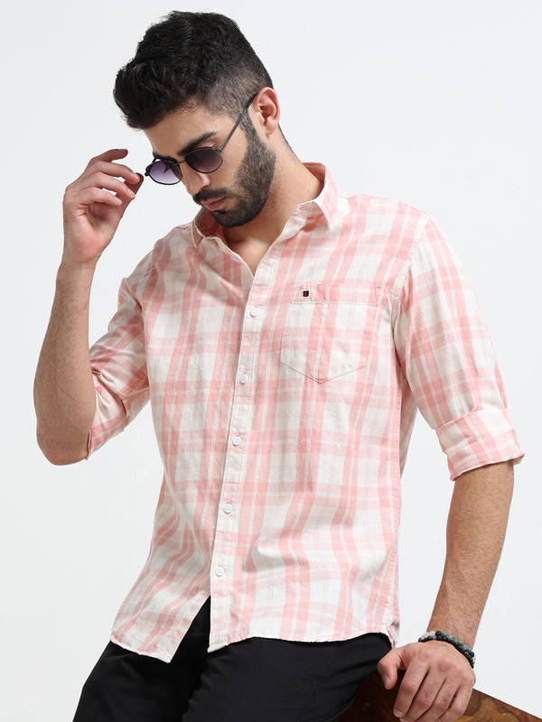 Peach Checks Slim Fit Cotton Casual Shirts