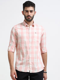 Peach Checks Slim Fit Cotton Casual Shirts