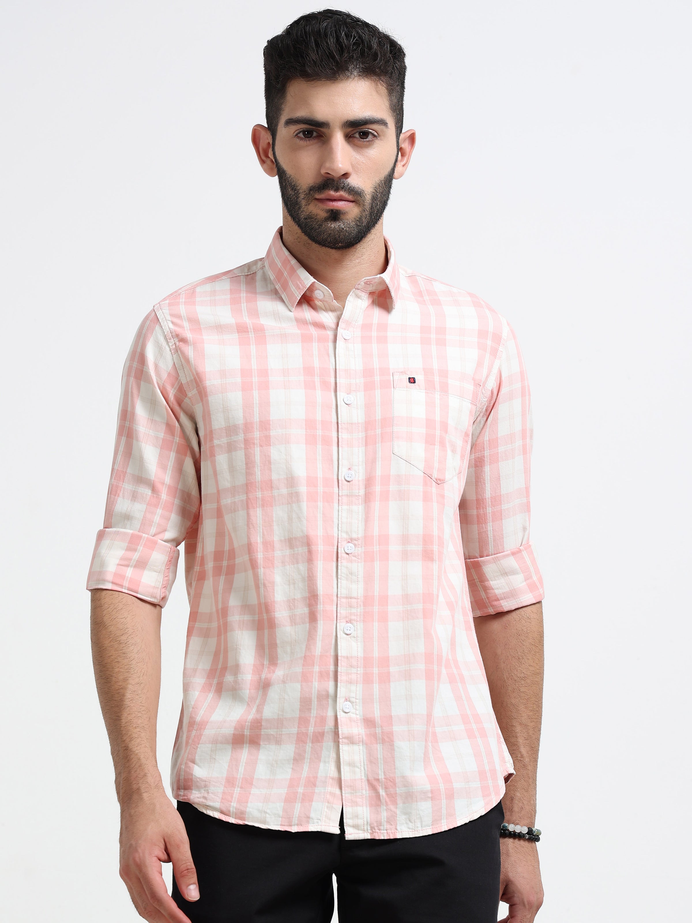 Peach Checks Slim Fit Cotton Casual Shirts