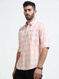 Peach Checks Slim Fit Cotton Casual Shirts