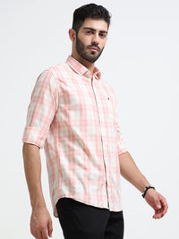 Peach Checks Slim Fit Cotton Casual Shirts